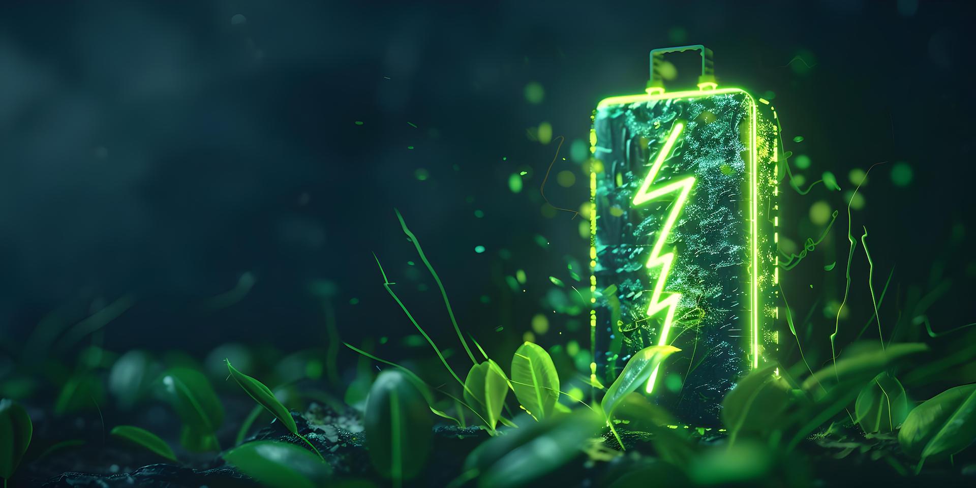 Lithium ion battery with a lightning bolt icon abstract leaves illuminated with neon green light battery shape on dark. Concept Technology, Eco-friendly Energy, Innovation, Neon Lights